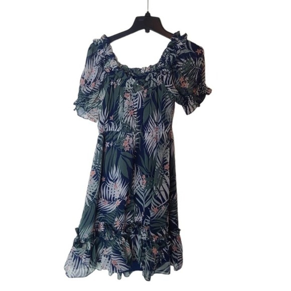 Walter Baker Tropical Print Ruffle Mini Dress Blue Green Shay Style M NWT - Picture 7 of 9